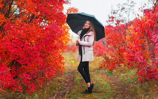 Happy woman with umbrella checking for rain. Woman wearing in gray coat in autumn