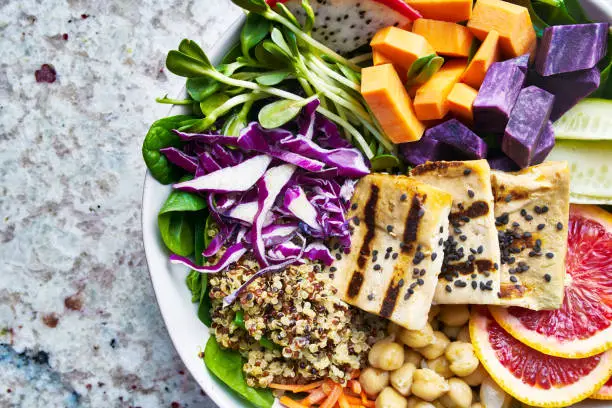 colorful buddha bowl close up with grilled tofu close up from top down view