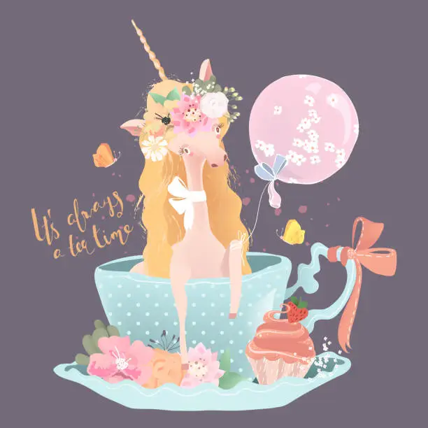 Vector illustration of Cute, beautiful unicorn. Princess girl unicorn in floral, flowers wreath, bouquet, butterflies, tied bow and balloon sitting in the porcelain tea cup with cupcake