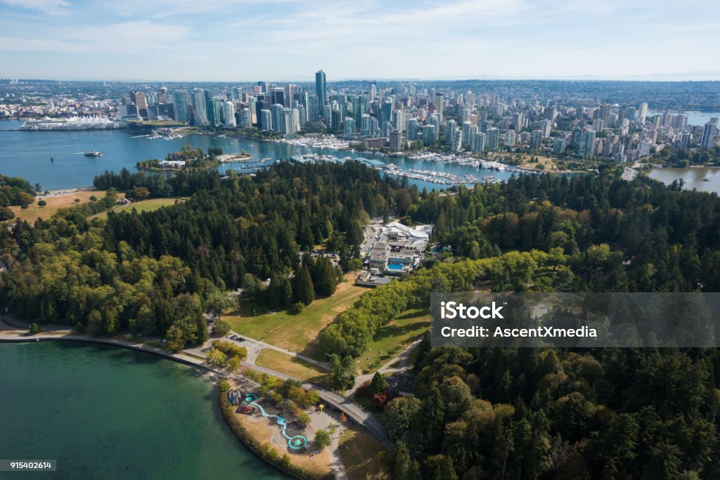 Aerial image of downtown Vancouver, Canada Aerial image of Vancouver British, Columbia, Canada with Stanley Park Vancouver - Canada Stock Photo