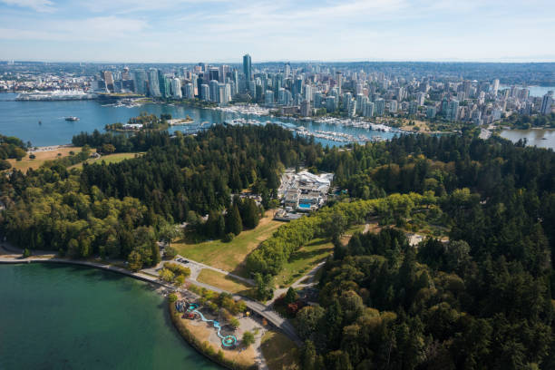 Aerial image of downtown Vancouver, Canada Aerial image of Vancouver British, Columbia, Canada with Stanley Park vancouver canada stock pictures, royalty-free photos & images