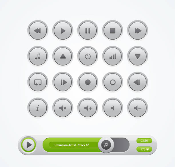 белые круглые кнопки медиаплеер - interface icons push button button control panel stock illustrations