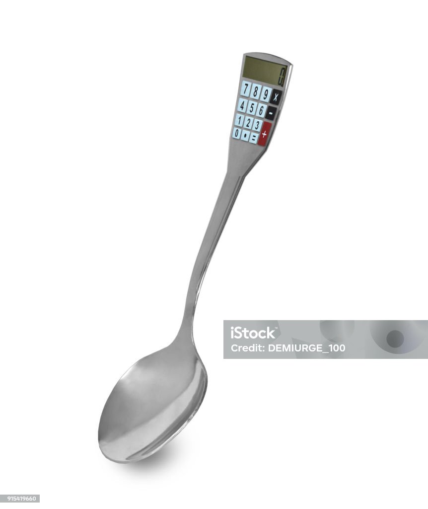 Spoon  with calorie counter.Cutlery with calculator on white isolated background conceptual photo. Adipose Cell Stock Photo