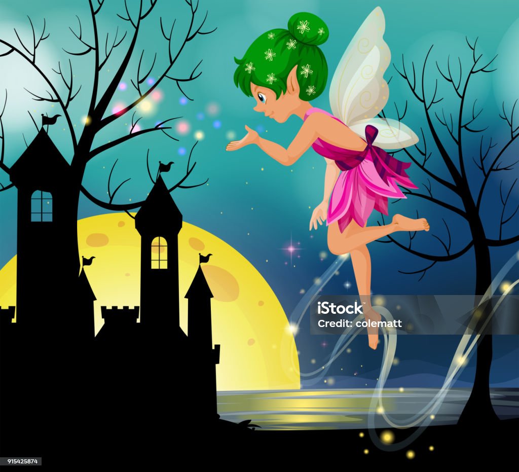 Fairy flying around castle at nighttime Fairy flying around castle at nighttime illustration Angel stock vector