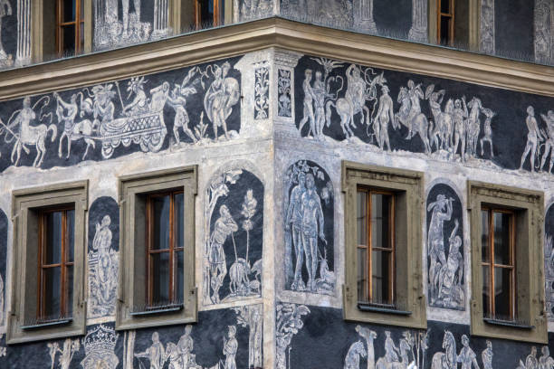 A detailed view of the beautiful House at the Minute, located near the Old Town Square in Prague, Czech Republic.  Decorated with sgraffito, it is an example of a Czech Renaissance townhouse.
