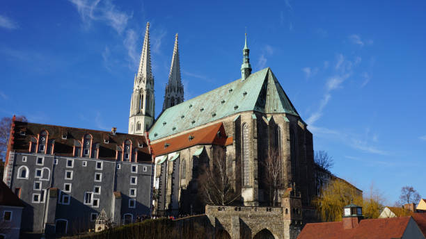View to the parish church of St. Peter and Paul in Görlitz in Saxony, Germany and the historical old town; majestic sacred building with two towers, also Peter's Church called