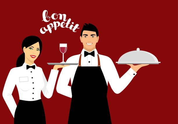 ilustrações de stock, clip art, desenhos animados e ícones de man and woman in the uniform of the waiters - 2603