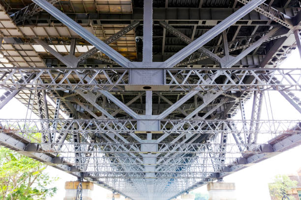 Steel frame and pipes under the Harbour Bridge, Sydney Australia, full frame horizontal composition with copy space