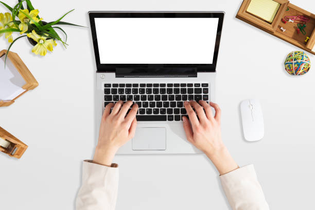istock Businessperson Using Laptop With Blank Screen 915455414