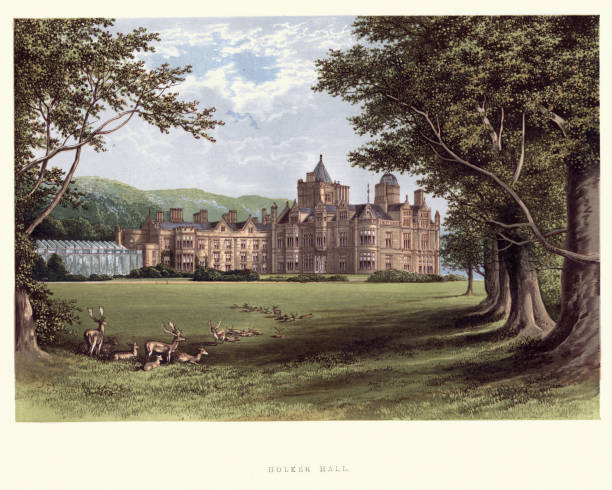 영어 국가 저택-holker 홀, 카트 멜, 컴 브리 아 - mansion english culture old uk stock illustrations