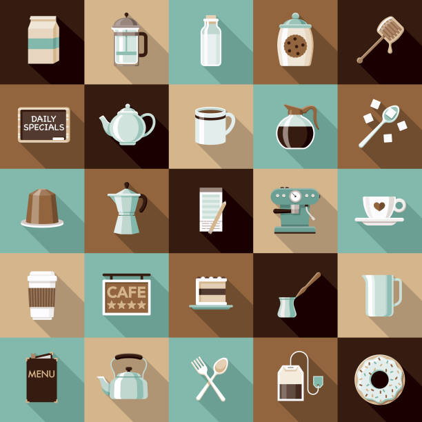 Flat Design Coffee & Tea Icon Set with Side Shadow A set of flat design styled coffee and tea icons with a long side shadow. Color swatches are global so it’s easy to edit and change the colors. coffee pot stock illustrations