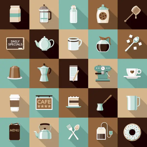 Vector illustration of Flat Design Coffee & Tea Icon Set with Side Shadow