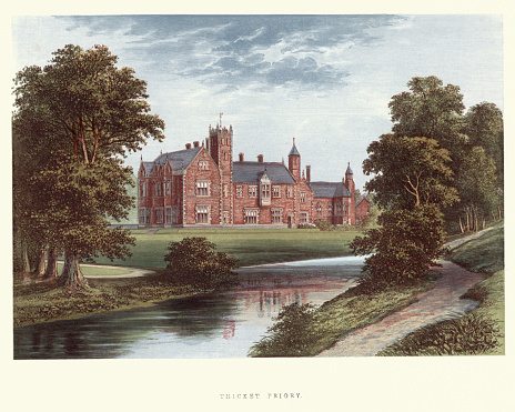 Vintage engraving of Thicket Priory, Dunnington, Yorkshire, England. The mansion was built in the years 1846-7, by Mr Edward Blore, the well-known architect, of London. A Series of Picturesque Views of Seats of the Noblemen and Gentlemen of Great Britain and Ireland
