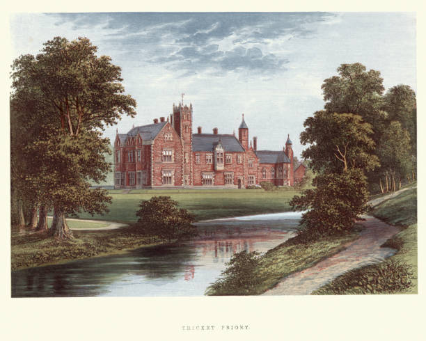 English country mansions - Thicket Priory, North Yorkshire Vintage engraving of Thicket Priory, Dunnington, Yorkshire, England. The mansion was built in the years 1846-7, by Mr Edward Blore, the well-known architect, of London. A Series of Picturesque Views of Seats of the Noblemen and Gentlemen of Great Britain and Ireland estate stock illustrations