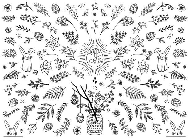 Floral design elements for Easter Hand sketched floral design elements for Easter, flowers, leaves, Easter eggs and bunny for text decoration easter drawings stock illustrations