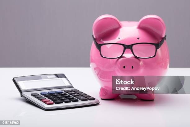 Piggybank With Eyeglasses And Calculator Stock Photo - Download Image Now - Advice, Savings, Piggy Bank