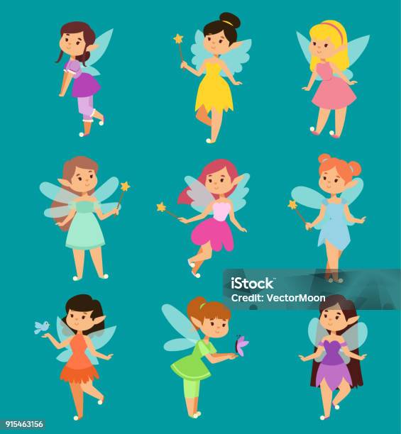 Beautiful Fairy Princesses Vector Fairy Wings Fly Character Magic Wand Set Collection Of Cartoon Fairies Characters Little Girls Princess Fashion Fairytale Magic Fantasy Cute Dress Crown Girl Stock Illustration - Download Image Now