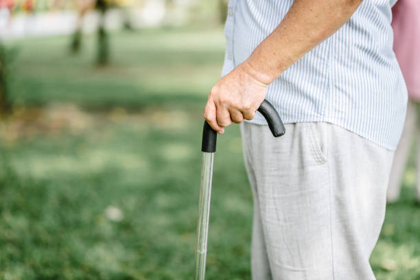 年配の男性が公園で杖を握り - human hand aging process senior adult cane ストックフォトと画像