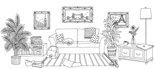 Hand drawn living room interior Hand drawn illustration of a living room, interior design with couch, plants and cupboards monochrome house stock illustrations