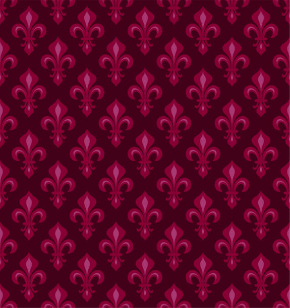 królewskie lilie heraldyczne (fleur-de-lis) — ciemno wiśniowy czerwony aksamit, bezszwowy wzór, tło tapety. - red background red velvet textile stock illustrations