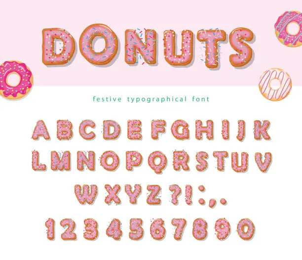 Vector illustration of Donuts hand drawn decorative font. Cartoon sweet letters and numbers. Cute design for girls. Birthday party celebration.