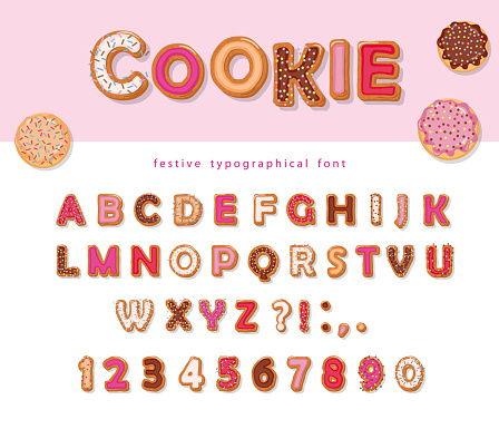 Cookie hand drawn decorative font. Cartoon sweet ABC letters and numbers. For birthday or Valentines day cards, cute design for girls. Vector