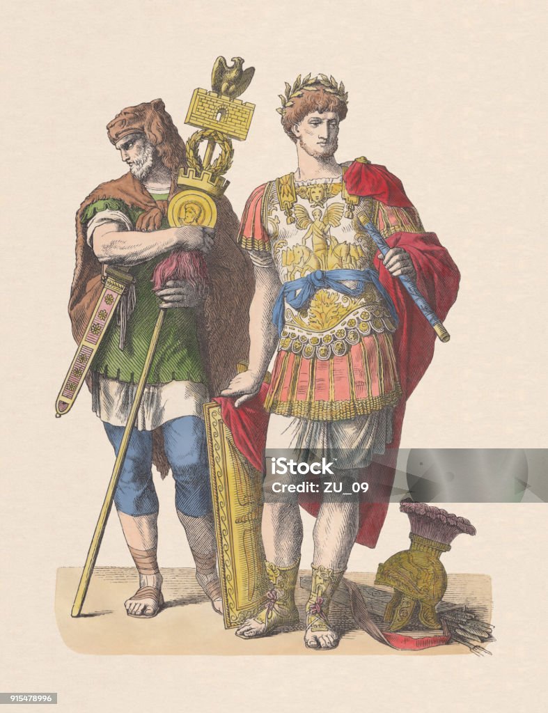 Germanic standard bearer and Roman commander, hand-colored woodcut, published c.1880 Germanic standard bearer and Roman commander. Hand colored wood engraving, published c. 1880. Warrior - Person stock illustration