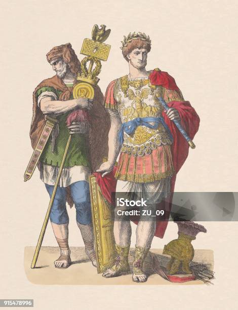 Germanic Standard Bearer And Roman Commander Handcolored Woodcut Published C1880 Stock Illustration - Download Image Now