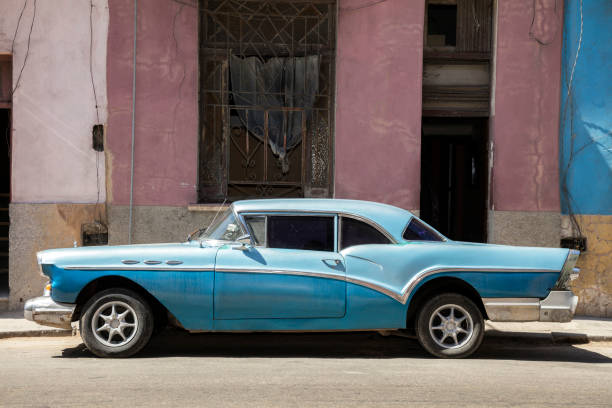 Blue vintage, American car on a street Havana, Cuba
