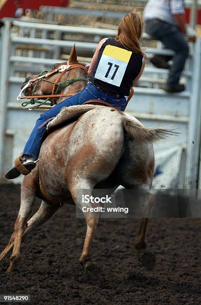 Carrera De Caballos Entre Barriles De Rodeo Foto de stock y más banco de imágenes de Caballo apalusa - Caballo apalusa, Movimiento, Rodeo