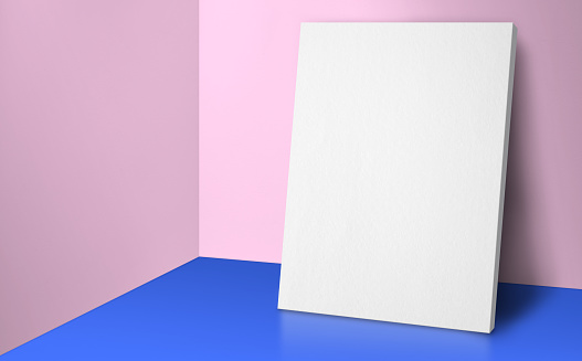 Blank poster at corner pastel pink and blue studio room with wall and floor background,Mock up studio room for display or montage of product for advertising on media,Business presentation.