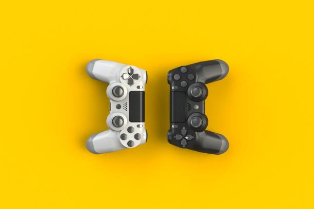 istock Computer game competition. Gaming concept. White and black joystick isolated on yellow background, 3D rendering 915491914