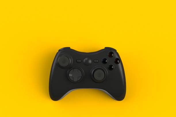 istock Computer game competition. Gaming concept. Black joystick isolated on yellow background, 3D rendering 915492102