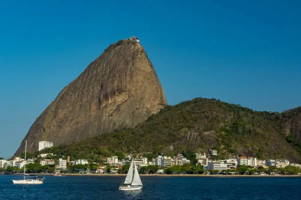 Sugarloaf Mountain (396m) is situated in Rio de Janeiro, Brazil, at the mouth of Guanabara Bay, on a peninsula into the Atlantic Ocean.
