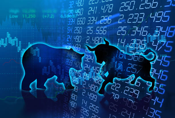 silhouette form of bull and bear on technical financial graph silhouette form of bull and bear on financial stock market graph represent stock market risk or random trend investment transportation event stock pictures, royalty-free photos & images