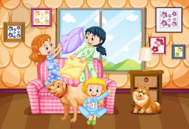 Vector illustration of Three kids with two dogs at home