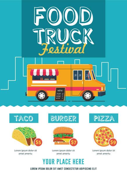 illustrazioni stock, clip art, cartoni animati e icone di tendenza di modello volantino festival camion di cibo - food truck
