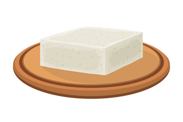 Vector feta cheese on plate. Slice, chunk on wooden tray. Cartoon flat style Vector feta cheese block on plate. Slice, chunk on wooden tray in cartoon flat style. Farm market product for label, poster, icon, packaging. Dairy product feta cheese block stock illustrations