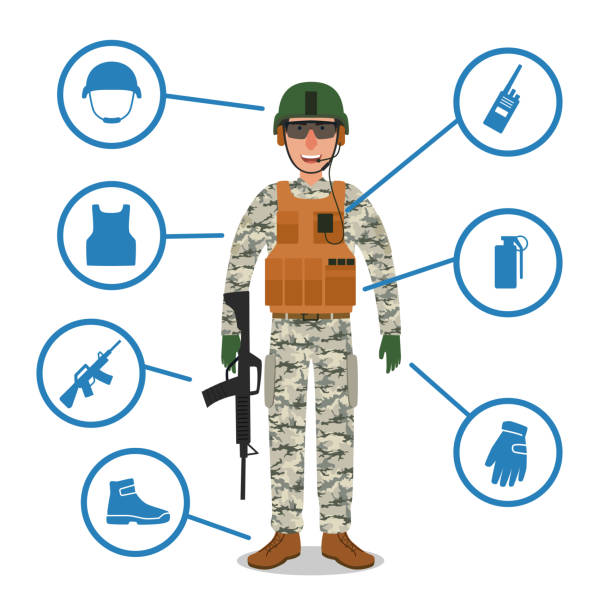 illustrazioni stock, clip art, cartoni animati e icone di tendenza di soldato dell'esercito con equipaggiamento militare. casco, radio, pistola, granata, giubbotto in kevlar antiproiettile - sergeant army strategy cartoon