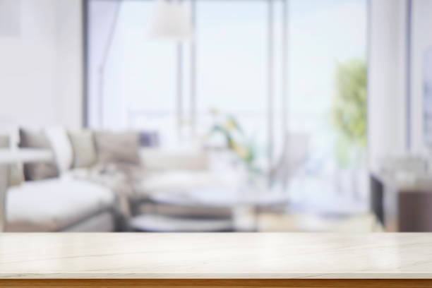 istock Empty marble table in living room. 915531700