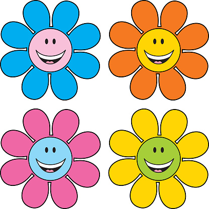 Vector illustration of four cute happy face flowers.
