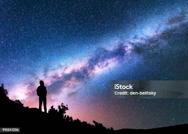 Silhouette Of Man With Backpack On The Hill Against Colorful Milky Way At Night Space Background Landscape With Man Bright Milky Way Sky With Stars Beautiful Galaxy Travel Starry Sky Universe Stock Photo - Download Image Now