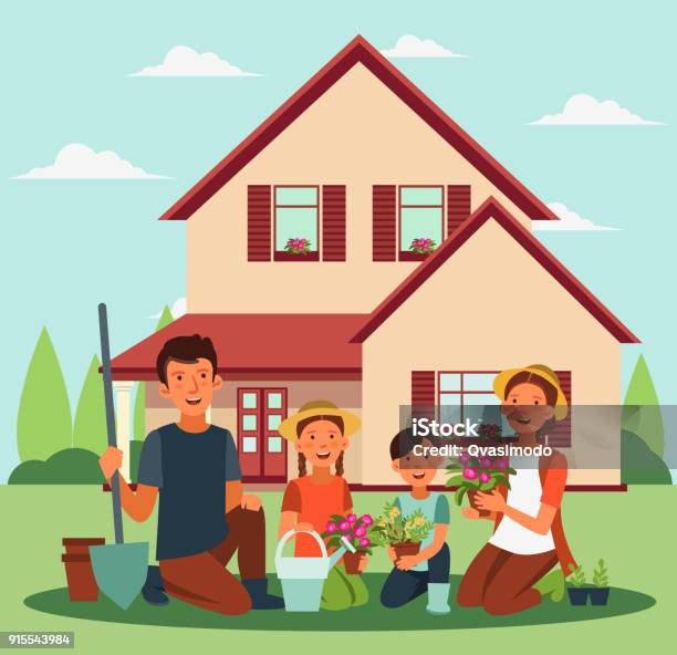 Làm Vườn Gia Đình Hạnh Phúc Cha Mẹ Và Trẻ Em Đang Làm Việc Gần Nhà