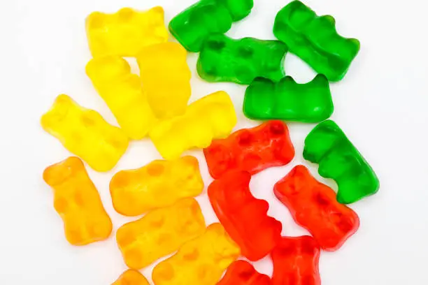 Gummy bears shot close up on a white background