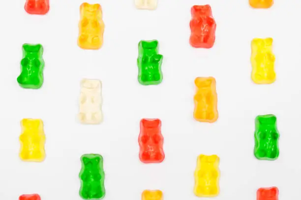 Gummy bears shot close up on a white background