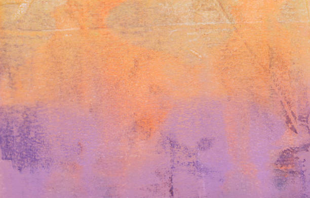 An hand painted background on paper. The prominent colors are purple and orange. There is texture and a color gradient throughout the painting.