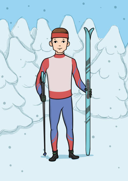 bildbanksillustrationer, clip art samt tecknat material och ikoner med cross country skidåkning, vinter sport. ung man med skidor står i snötäckta skogen. vektorillustration. - cross country skiing