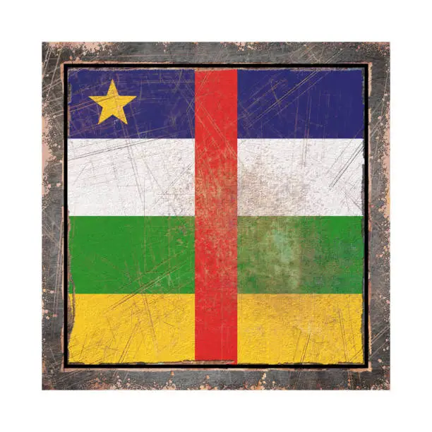 3d rendering of a Central African Republic flag over a rusty metallic plate wit a rusty frame. Isolated on white background.