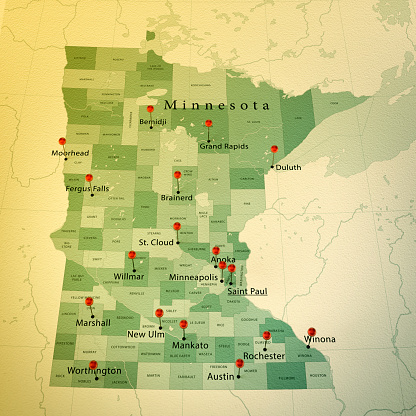 3D Render of a Map of Minnesota with Straight Pins at the Position of important Cities. Vintage Color Style. Very high resolution available!\n\nAll source data is in the public domain.\nhttp://www.naturalearthdata.com/about/terms-of-use/\nMade with Natural Earth: Internal Administrative Boundaries,  Populated Places\nhttp://www.naturalearthdata.com/downloads/10m-cultural-vectors/