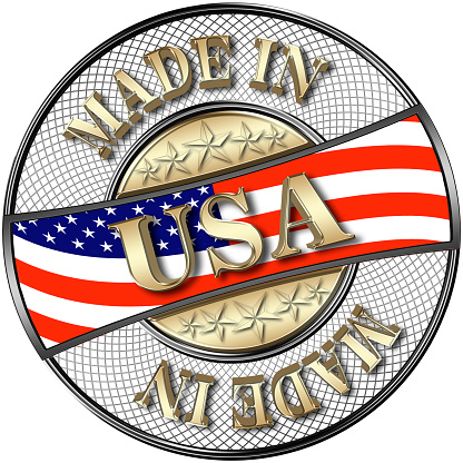 Golden Made in USA, American flag, 5 Golden Stars, 3D Illustration, Black Shiny Metal Badge, White Background.